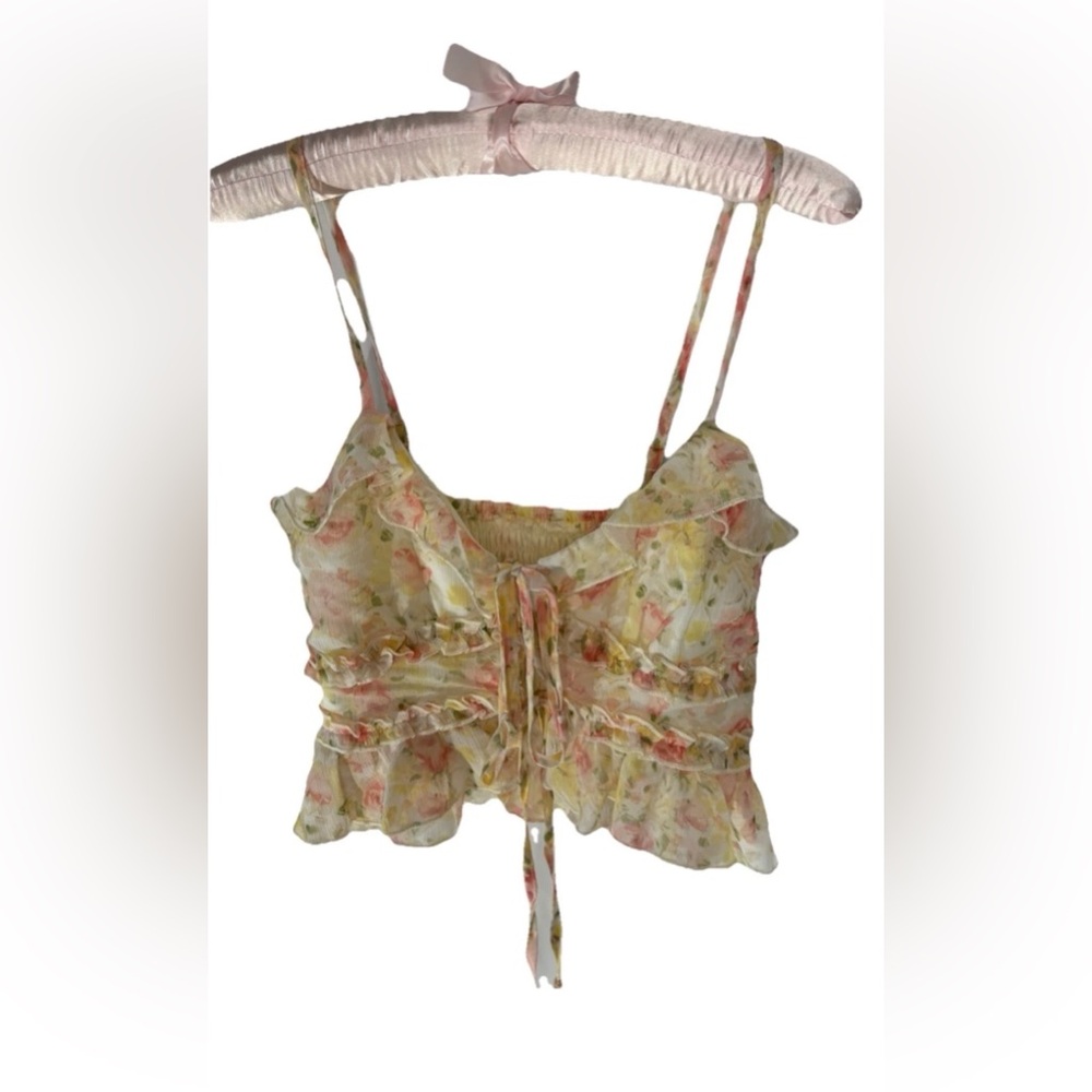 Thirty Thirty Front Tie Ruffle Floral Crop Top Small Spaghetti Straps Fairycore